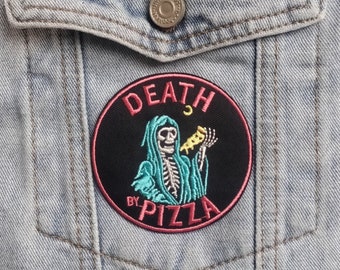 Grim Pizza // Cartoon Meme DIY Embroidered Patch Iron Sew On Quote Applique Badge Craft Motif Funny Gift Idea Reaper Death Skeleton In UK x