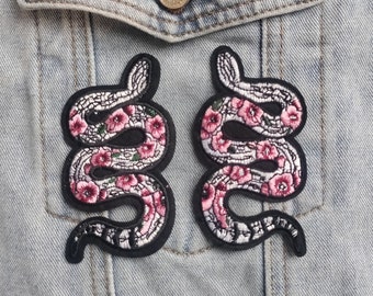 Hissy In Pink // Snake DIY Floral Iron Sew On Embroidered Patch Peonies Roses Applique Motif Badge Craft Gift Cute Aesthetic For Jackets UK