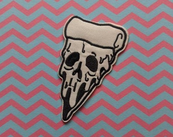 Death By Cheese // Pizza DIY Embroidered Patch Iron Sew On Skull Applique Aesthetic Badge Craft Slice Motif Gothic Tattoo Patches For Jacket