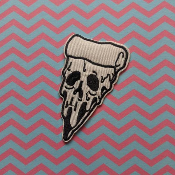 Death By Cheese // Pizza DIY Embroidered Patch Iron Sew On Skull Applique Aesthetic Badge Craft Slice Motif Gothic Tattoo Patches For Jacket