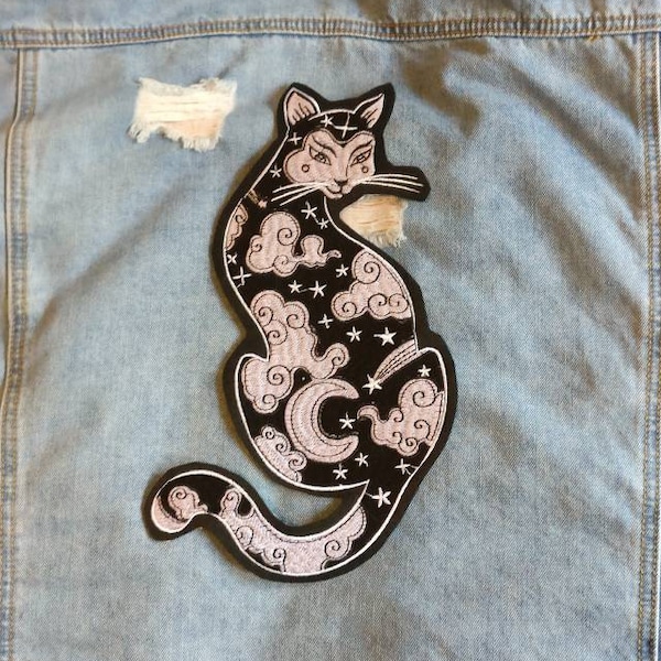 Starry Superstition // DIY Cosmic Cat Back Patch Large Embroidered Iron Sew On Applique Cute Witch Craft Galaxy Celestial Moon Gift Idea UK