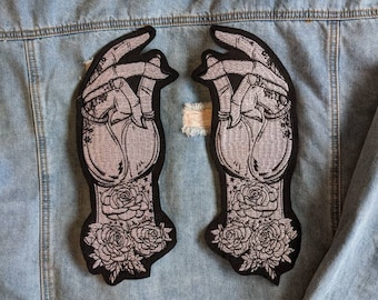 Palm Reading // Large Punk Back Patch Tattoo Embroidered Iron Sew On Applique DIY Rose Hands Motif Tarot Tattoo Witch For Jackets In The UK