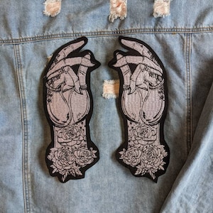 Palm Reading // Large Punk Back Patch Tattoo Embroidered Iron Sew On Applique DIY Rose Hands Motif Tarot Floral Witch For Jackets In The UK image 1