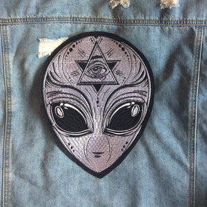 Extra Terrestrial // Large Punk Back Patch Alien Evil Eye Embroidered Iron Sew On Applique Space Illuminati Metal For Jackets UK Creepy Moon