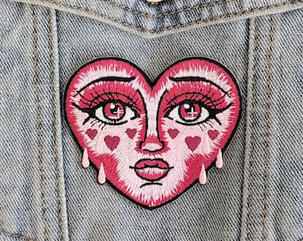 Doll Face // Heart DIY Embroidered Patch Iron Sew On Cartoon Cute Crying Pink Aesthetic Tattoo Style Applique Badge Craft Motif Gift Idea x