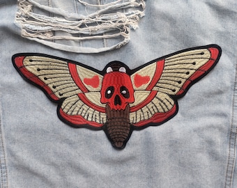 Red Head // Large Deaths Head Hawkmoth DIY Embroidered Iron Sew On Back Patch Moth Gift Horror Craft Badge Aesthetic Punk Metal Applique UK