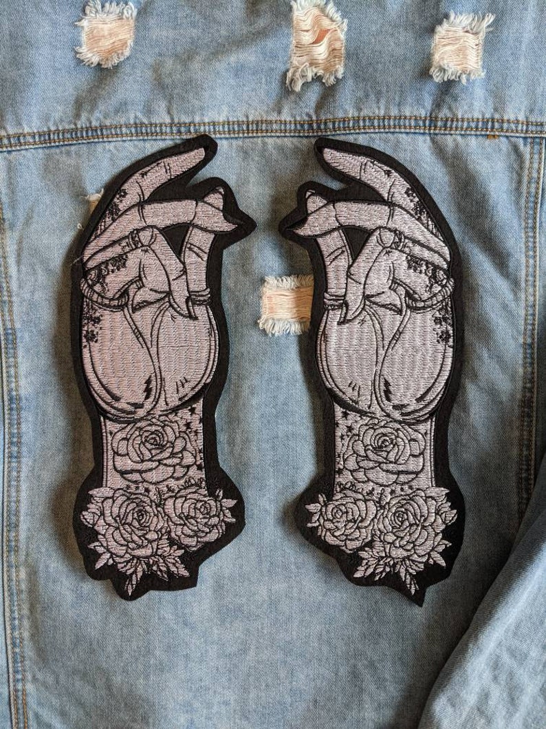 Palm Reading // Large Punk Back Patch Tattoo Embroidered Iron Sew On Applique DIY Rose Hands Motif Tarot Floral Witch For Jackets In The UK image 2