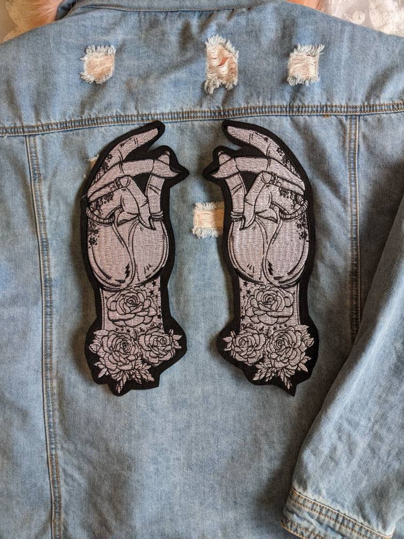 Palm Reading // Large Punk Back Patch Tattoo Embroidered Iron Sew On Applique DIY Rose Hands Motif Tarot Floral Witch For Jackets In The UK image 1