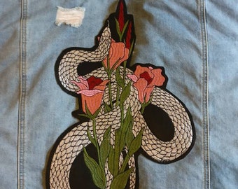 Silver Tongue // Large Back Patch DIY Embroidered Floral Tulips Applique Cute Gift Iron Sew On Badge Punk Metal Snake UK For Jackets Tattoo