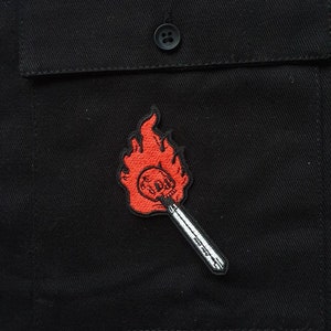 Burning Up // DIY Skull Match Embroidered Iron Sew On Patch Punk Metal Fire Tattoo Gift Idea Craft Applique Motif Flames Anarchy For Jackets zdjęcie 4