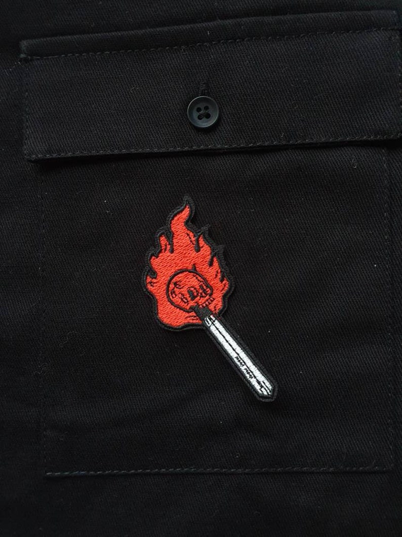 Burning Up // DIY Skull Match Embroidered Iron Sew On Patch Punk Metal Fire Tattoo Gift Idea Craft Applique Motif Flames Anarchy For Jackets image 4