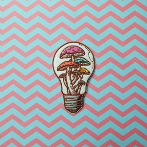 Cottagecore Moment // DIY Lightbulb Iron Sew On Embroidered Patch Cute Badge Mushrooms Gift Idea For Her Patches For Jackets Aesthetic Craft