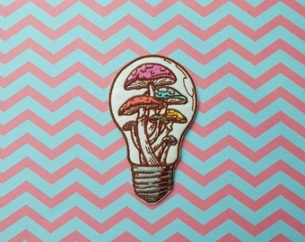 Cottagecore Moment // DIY Lightbulb Iron Sew On Embroidered Patch Cute Badge Mushrooms Gift Idea For Her Patches For Jackets Aesthetic Craft