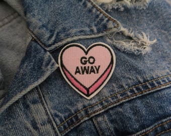 Go Away // DIY Pink Candy Heart Embroidered Iron Sew On Patch Sassy Feminism Applique Craft Cute Best Friends Gift Idea For Jackets in UK x