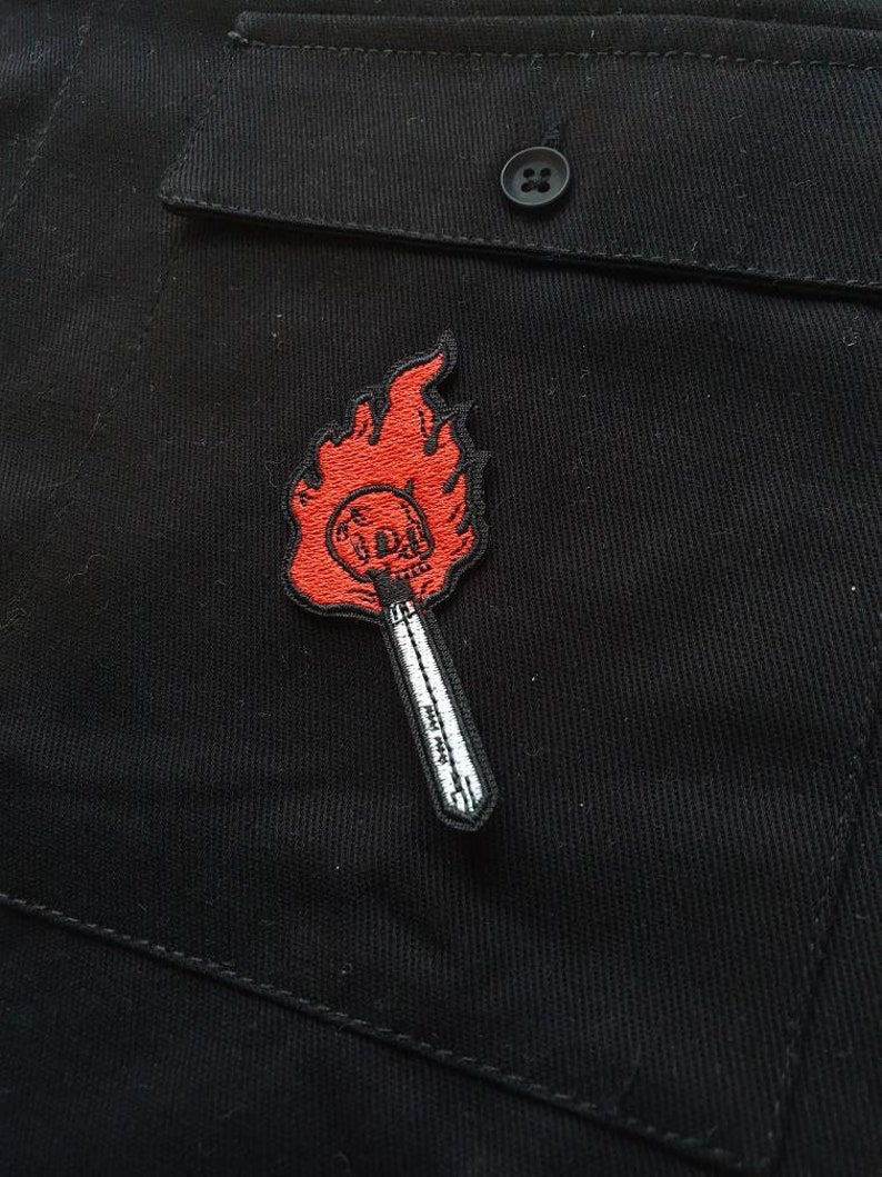 Burning Up // DIY Skull Match Embroidered Iron Sew On Patch Punk Metal Fire Tattoo Gift Idea Craft Applique Motif Flames Anarchy For Jackets image 3