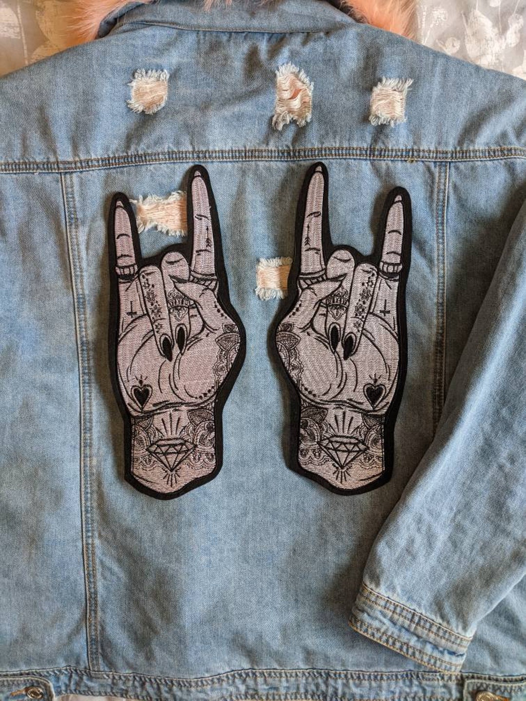 Rock off // DIY Punk Large Back Patch Metal Hands Embroidered Iron Sew ...