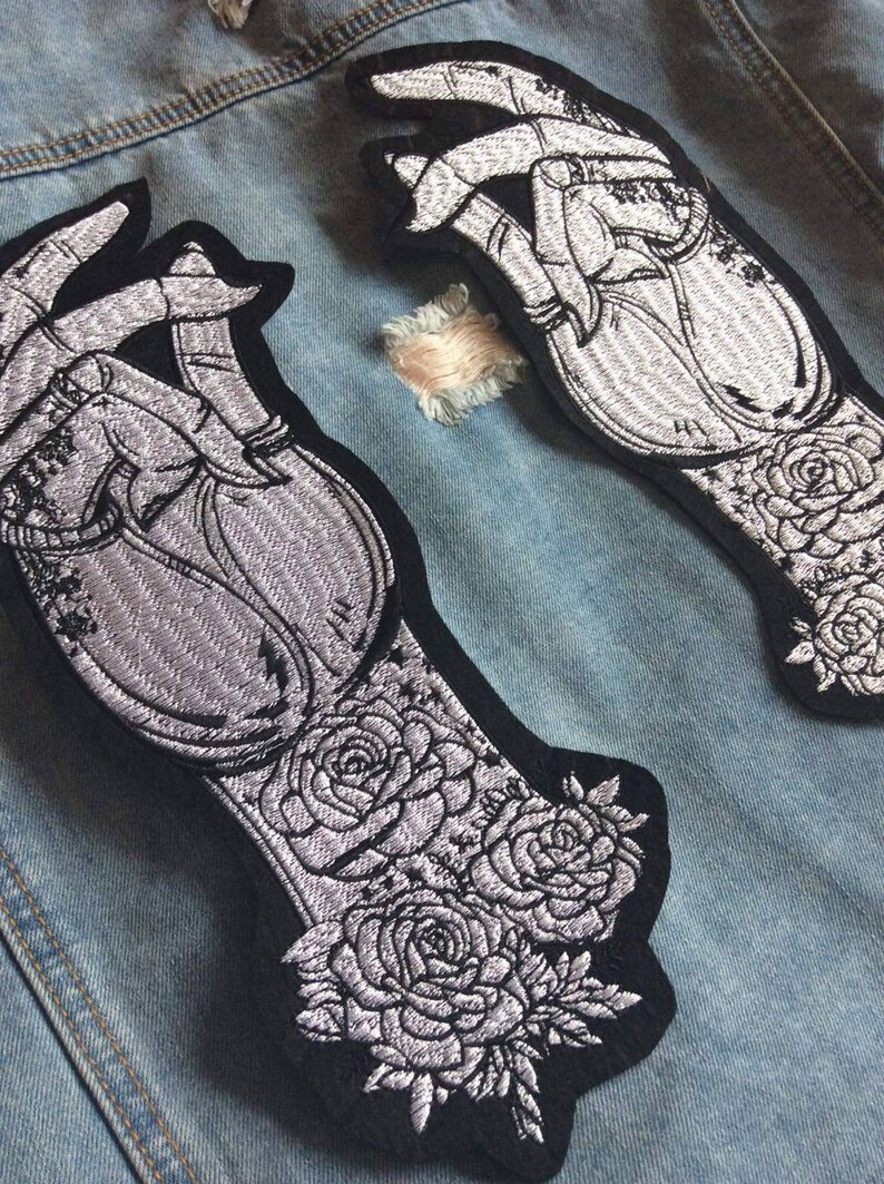 Palm Reading // Large Punk Back Patch Tattoo Embroidered Iron Sew On Applique DIY Rose Hands Motif Tarot Floral Witch For Jackets In The UK image 3