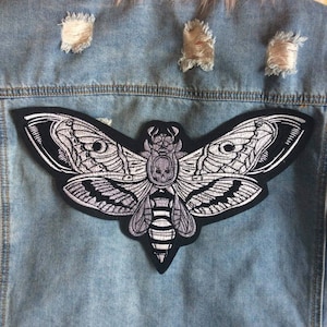 Mothic // Large Deaths Head Hawkmoth DIY Embroidered Iron Sew On Back Patch Gift Horror Craft Badge Aesthetic Punk Metal Applique Motif UK