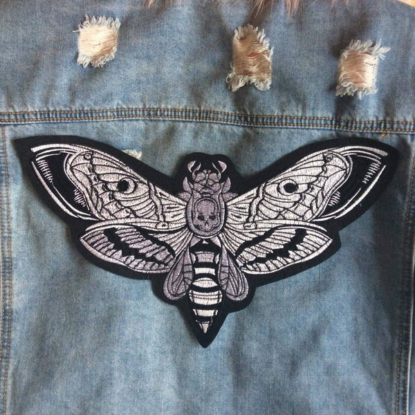 Mothic // Large Deaths Head Hawkmoth DIY Embroidered Iron Sew On Back Patch Gift Horror Craft Badge Aesthetic Punk Metal Applique Motif UK