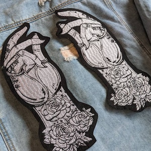 Palm Reading // Large Punk Back Patch Tattoo Embroidered Iron Sew On Applique DIY Rose Hands Motif Tarot Floral Witch For Jackets In The UK image 4