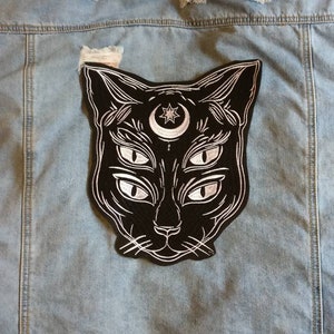 9 Lives // DIY Black Cat Back Patch Large Embroidered Iron Sew On Applique Salem Witch Gothic Punk Metal UK Goth Pagan Occult Moon Aesthetic