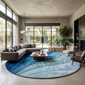 May include: A large circular area rug featuring a gradient of blue tones in a wavy, layered pattern. The rug is positioned in a living room under a wooden coffee table, with a gray sectional sofa and two beige armchairs placed nearby.