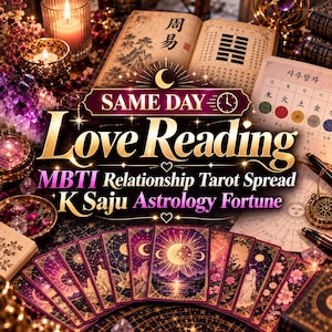 以下が含まれることがあります： SAME DAY LOVE READING、MBTI Relationship Tarot Spread、K Saju Astrology Fortuneというテキストが表示されています。中国語の文字が書かれた開いた本、四柱推命の表、紫色のクリスタル、キャンドル、タロットカードが配置されています。