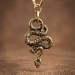 May include: A brass-toned metal keychain featuring a coiled snake pendant with detailed scale textures. The snake is suspended from a circular metal ring by a smaller jump ring, creating a hanging ornament with a metallic finish and defined features.