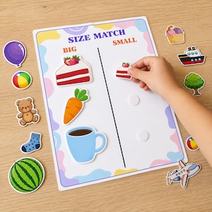 May include: A white educational activity board titled SIZE MATCH with BIG and SMALL columns. The board features colorful illustrations of a cake slice, carrot, and coffee mug. Additional loose cutouts include a balloon, ball, bear, sock, watermelon, ice cream, ship, tree, and airplane.