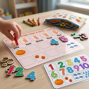 May include: An educational autumn count and match activity set featuring a laminated board with numbers, hand gestures, and seasonal icons. Includes colourful magnetic number pieces, a zippered storage pouch with autumn motifs, and four crayons.