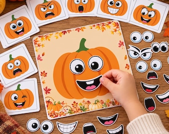Könnte beinhalten: Ein quadratisches Spielbrett mit einer großen orangefarbenen Kürbisillustration, umgeben von Herbstblättern, begleitet von mehreren quadratischen Karten mit Kürbissen mit verschiedenen Gesichtsausdrücken sowie losen Augen- und Mundelementen.