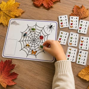 May include: A rectangular educational game board featuring a black spiderweb illustration and several small insect-shaped tokens. Beside the board are multiple white cards displaying various insect icons paired with subtraction math problems.