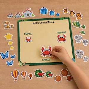May include: A square educational board with the text Let's Learn Sizes! featuring categories for small, medium, and large. The board is surrounded by various die-cut stickers including houses, gift boxes, lions, turtles, elephants, crabs, stars, butterflies, hot air balloons, watermelons, and basketballs.