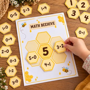 Puede incluir: Una hoja de trabajo educativa blanca titulada MATH BEEHIVE con patrones de panal amarillos y abejas. La hoja presenta un hexágono central con el número 5, rodeado de fichas hexagonales sueltas que muestran varias sumas.