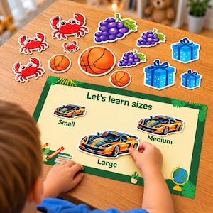 Juego imprimible para preescolar de clasificación por tamaño / Grande, Mediano y Pequeño