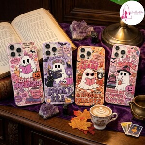 May include: Four smartphone cases featuring ghost illustrations and text. The first says 'Just One More Chapter', the second 'Currently In My Spooky Era', the third 'Hot Girl Reads & Spooky Nights', and the fourth 'I Like My Books Dark & My Coffee Darker'.