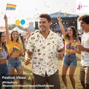May include: A short-sleeved, button-down shirt with a cream background and a repeating pattern of rainbows, flags, and peace signs. The shirt is worn by a person in a crowd of people holding rainbow flags. The text "Festival Vibes!" is visible.