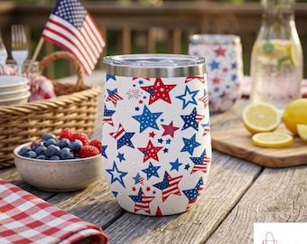 American Flag Stars Eggshell Tumbler, Patriotic Star 12oz Wine Cup, 4th of July BBQ Party Favor, Veteran Gift, USA Pride Travel Cup