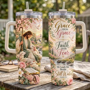He Leads Me Beside Still Waters Tumbler, 40oz Christian Tumbler with Handle, Psalm 23 Bible Verse Cup, Insulated Stainless Steel Travel Mug