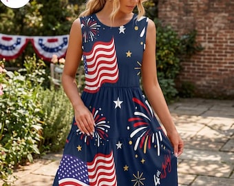 USA Flag Fireworks Dress, Patriotic Independence Day Sundress, 4th of July Sleeveless Summer Outfit, America 250th Celebration Gift