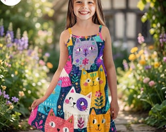 Girls Colorful Cat Floral Tiered Dress, Cute Kawaii Multi-Color Cat Face Garden Pattern Summer Sundress, Whimsical Cat Lover Kids Outfit