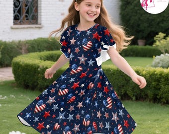 Girls Patriotic Twirl Dress, Red White Blue Star Heart Print Kids Dress, Flutter Sleeve 4th of July Summer Outfit Gift