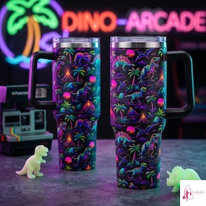 Neon Dinosaur 40oz Tumbler with Handle, Synthwave Travel Mug, Vaporwave T-Rex Cup, Retro 80s Gamer Gift