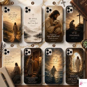 May include: A collection of eight rectangular smartphone cases featuring religious imagery and scripture text. Each case displays a unique scene, including figures in robes, landscapes, and crosses, with printed Bible verses in various fonts and layouts.