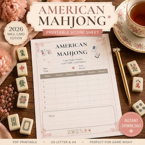 May include: A printable American Mahjong score sheet with a floral design, featuring the text "American Mahjong" and "Printable Score Sheet." The sheet includes spaces for players, rounds, and notes, with the text "Instant Download."
