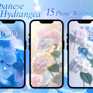 Conjunto de papéis de parede para celular com hortênsias, estética minimalista para a estação chuvosa, papéis de parede florais em tons de azul suave para iPhone, pacote de fundos em tons pastel japoneses.