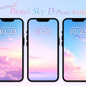 Pode incluir: Três smartphones exibindo papéis de parede de céu pastel. As telas mostram um gradiente de azul, rosa e roxo, com nuvens e a hora e a data. O texto "Minimal Pastel Sky 15 Phone Wallpapers" está no topo.