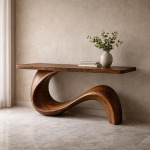 Könnte beinhalten: Ein moderner, skulpturaler Konsolentisch aus Holz mit einem einzigartigen, fließenden Design. Der Tisch ist aus dunkelbraunem Holz gefertigt und hat einen geschwungenen Sockel, der eine lange, rechteckige Platte trägt. Eine kleine weiße Vase mit Grün und ein Stapel Bücher stehen auf der Tischplatte.