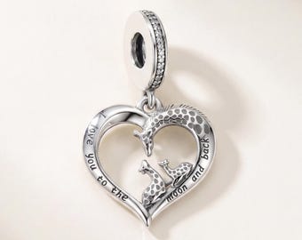 Giraffe Heart Pandora Charm 925 Sterling Silver | Moon & Back Engraved CZ | Mum Gift