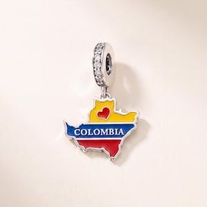 I Love Colombia Map Pandora Charm 925 Sterling Silver | Flag Enamel CZ Dangle | Travel Heritage Gift